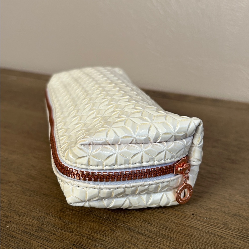 Anastasia Beverly Hills White Geometric Textured Pattern Cosmetic Bag.